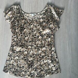 Banana Republic 100% Silk Blouse Womens Sz M Brown Floral Flutter Sleeve